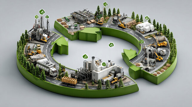 Circular Economy Concept Illustration Featuring Industrial Infrastructure in a Sustainable Loop