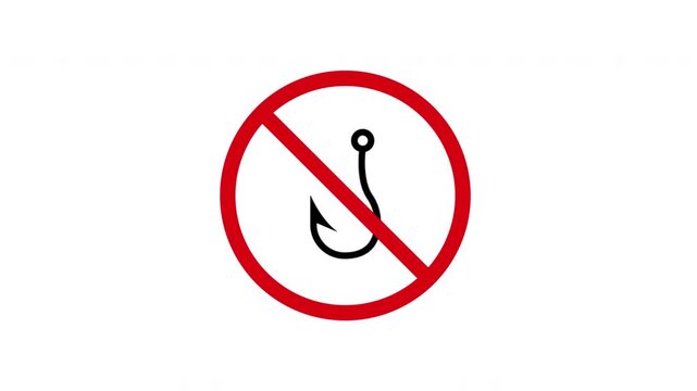 No Fishing Prohibition Sign Animated Icon With Alpha Channel. Forbidden Fishing Hook Warning And Restriction Motion Graphic. Stop And Ban Notice. On Transparent Background