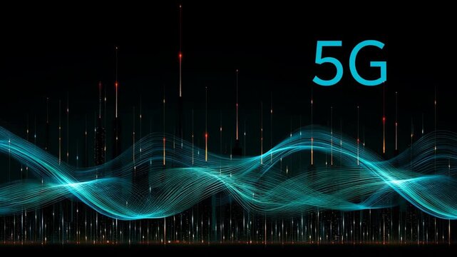 Concept art of communication networks featuring 5G elements and visualizations of data waves over a dark background.