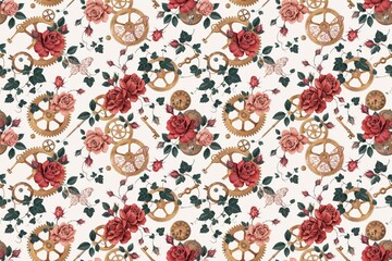 Fototapeta premium Seamless pattern featuring red roses, vintage clock gears, golden keys, and butterflies on a light cream background, floral steampunk