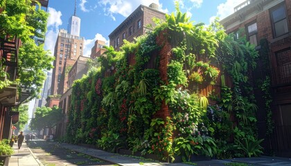 Obraz premium An urban street scene with buildings and a wall covered in lush greenery