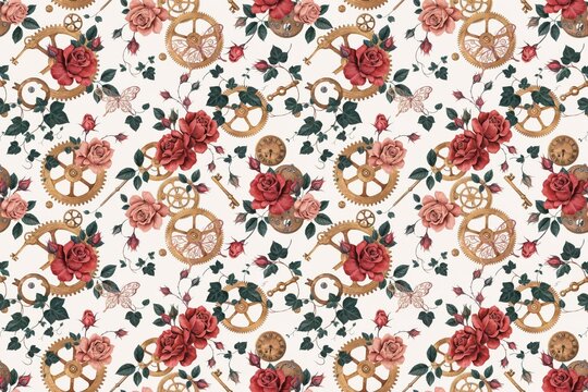 Seamless pattern featuring red roses, vintage clock gears, golden keys, and butterflies on a light cream background, floral steampunk