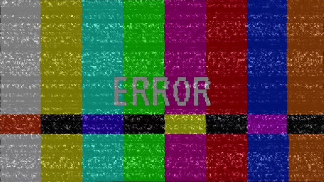 4k video Glitch during TV broadcasting with colorful stripes and ERROR text. Error in connection while show on air, 4k video