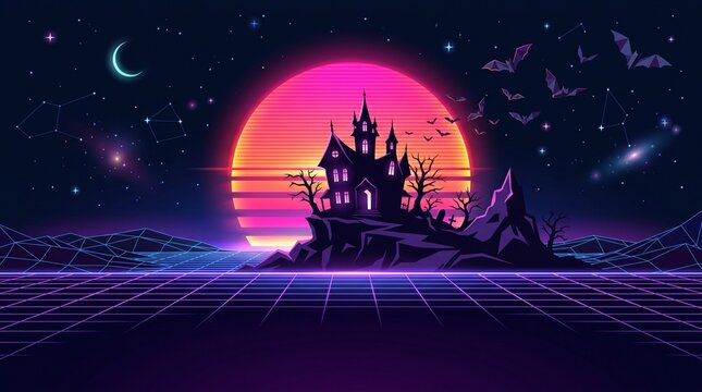 A haunted house sits on a neon grid at sunset with bats flying nearby.