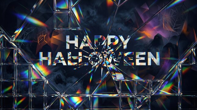 Halloween celebration with colorful lights and geometric shapes on a dark background