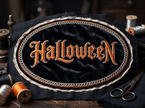 Halloween themed embroidery design with orange letters on black fabric surrounded by sewing supplies on wooden table