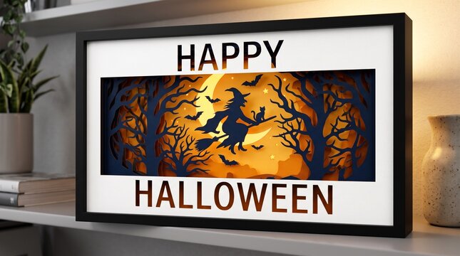 A framed Happy Halloween voxel art poster sits on a shelf indoors.