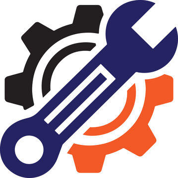 Wrench and gears vector icon, mechanical engineering tool logo concept, industrial service and technical repair symbol isolated on white background.