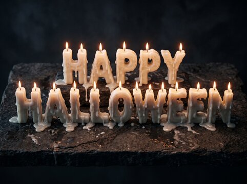 Glowing Halloween candles spell out Happy Halloween on a dark stone indoors