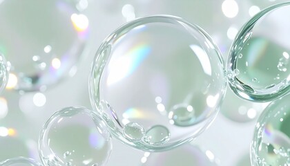 Fototapeta premium 美容液カプセルを思わせる透明球体と繊細な気泡が浮かぶプレミアム背景素材 透明感・保湿・ハイドレーション・化粧品広告・美容ブランドに最適な抽象アート ジェネレーティブAI