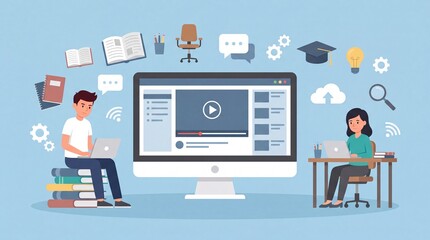 Fototapeta premium Illustration of two students studying online with laptops, surrounded by educational icons and elements representing digital learning and resources