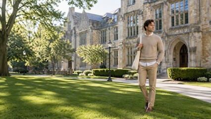 Fototapeta premium Male student walking on a university campus lawn, wearing a beige sweater and carrying a tote bag, with historic stone buildings and trees in the background