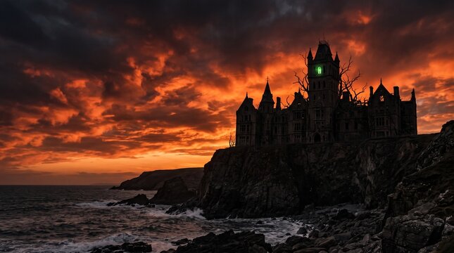 A dark castle sits atop a rocky cliffside during a dramatic Halloween sunset with turbulent sea and orange clouds.