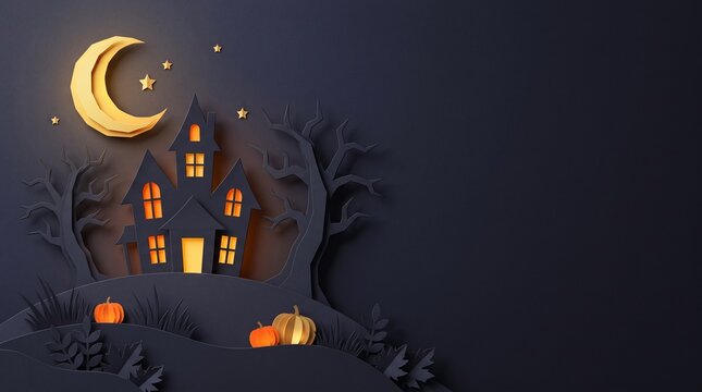 A spooky Halloween night scene with haunted house, trees, pumpkins, moon, and spooky atmosphere on a hill