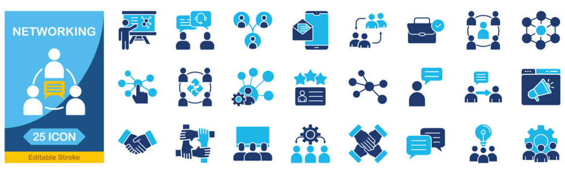 Networking icon set collection in Blue Monochrome Flat Design. Editable stroke vector illustration