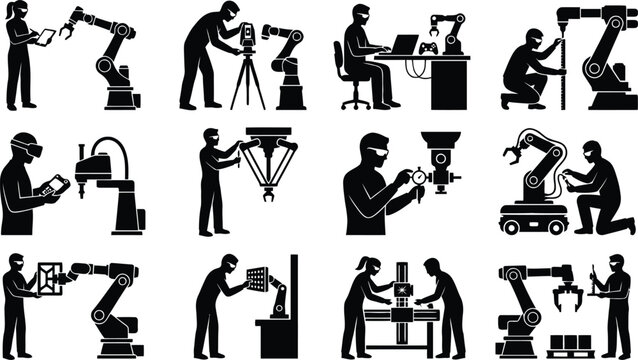 Industrial workers using advanced robotic machinery
