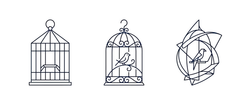 Bird cage symbolism progression from captivity to freedom abstract line art