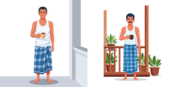 South Asian man in traditional lungi and vest standing on balcony holding coffee mug daily lifestyle illustration