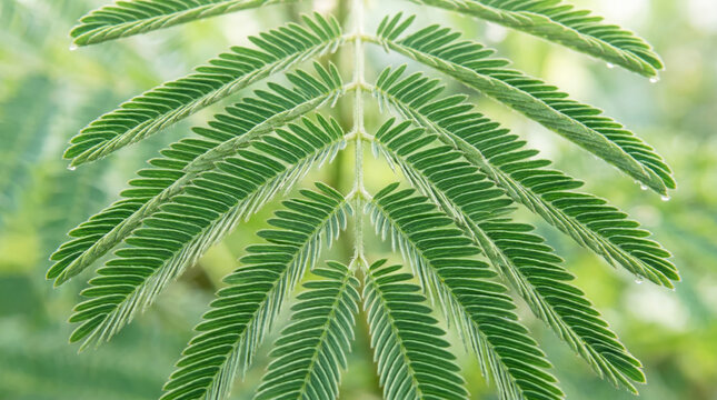 Sensitive mimosa leaves showing delicate tiny fern structures with small water drops under warm morning sun.