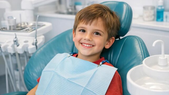 Happy child smiles in dental chair. Blue protective bib covers child's shoulders. Child wears red shirt under bib. Dental chair features teal upholstery. White sink sits beside chair