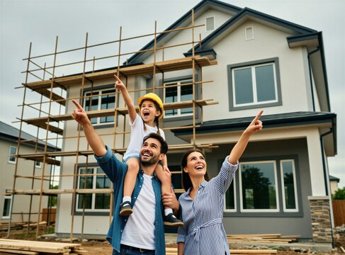 Happy family with father mother, small daughter visit new house construction site. Parents, child point at unfinished building with excitement. Joyful people dream about future home lifestyle. Young