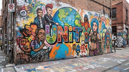 Naklejka premium Colorful street art mural promoting unity with diverse characters on an urban brick wall.