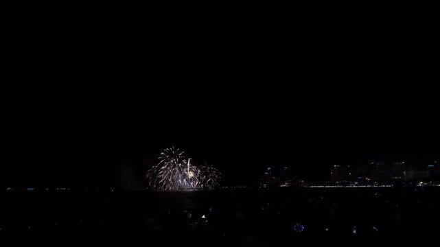 Colorful Pyrotechnic Fireworks Display Lighting Up The Night Sky Over The Ocean Coastline In Pattaya Chon Buri Thailand