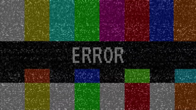 4k video Glitch during TV broadcasting with colorful stripes and ERROR text. Error in connection while show on air, 4k video