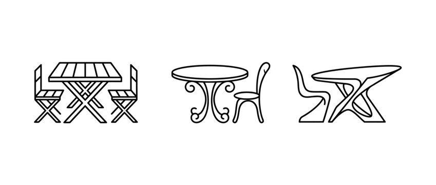 Set of three distinctive line drawing tables and chairs for outdoor and indoor settings
