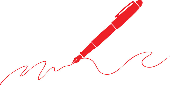 Red fountain pen drawing a wavy ink line on white surface with fountain calligraphy signature creative stationery document education instrument business