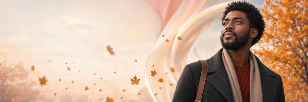 Thoughtful young African American man looking up against a dreamlike autumn sky and falling leaves