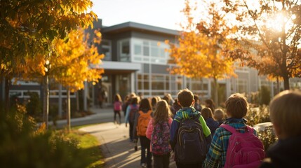 Obraz premium Happy Diverse Children Arriving at School on the First Day of Autumn Semester