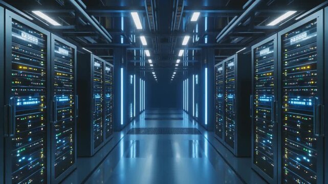 Modern Data Center Server Room with Rows of Illuminated Server Racks
