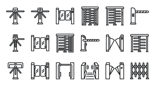 Set of security turnstile and entrance gate icons.