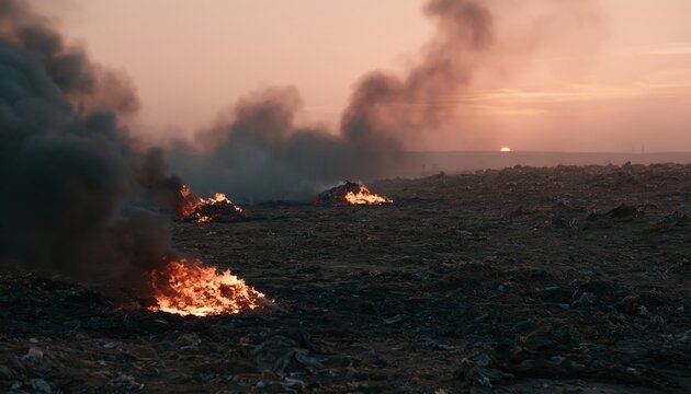Wildfire at dusk with smoke and burning ground, dramatic landscape