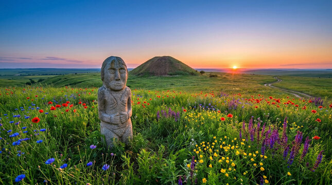 Ancient Polovtsian stone statue, burial mound (kurgan), Ukrainian steppe, sunset