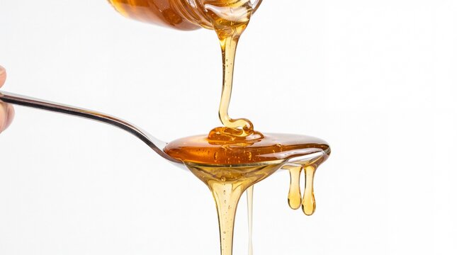 Golden honey pouring from a glass jar onto a metal spoon