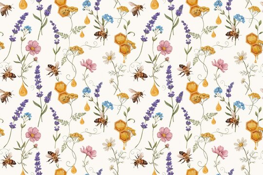 Seamless pattern featuring watercolor honey bees, lavender flowers, yellow honeycomb cells, and honey droplets on a light cream background texture