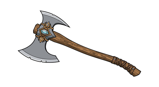Ancient medieval double headed battle axe with wooden handle, golden engravings and blue gemstone decoration.