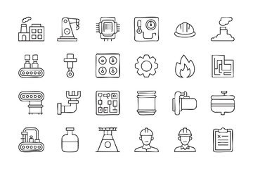 Fototapeta premium Smart Factory Equipment Icons with Robotics, Machinery and Control Systems