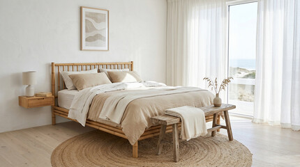 Fototapeta premium Bright and cozy Scandinavian style bedroom with wooden bamboo bed and ocean view window
