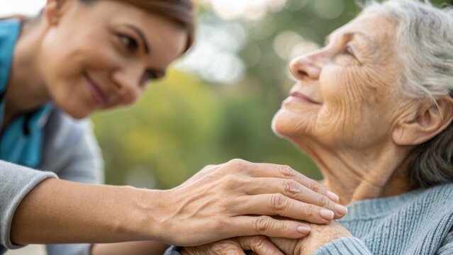A young caregiver gently holds an elderly woman's hand, sharing a warm and compassionate moment outdoors.