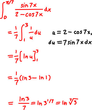 Handwritten definite calculus integral using trigonometric substitution and logarithmic evaluation with step by step mathematical solution on white.