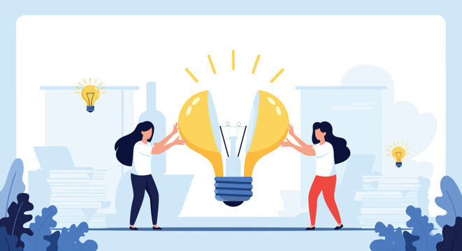 Two creative women joining two halves of giant lightbulb representing collaborative brain storming and startup.