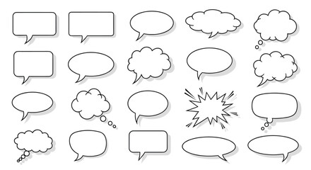 Fototapeta premium Collection of blank white speech bubbles and thought clouds of various shapes isolated on white background.