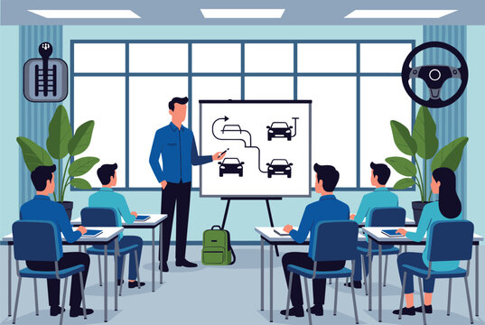 Driving school instructor explaining road routes and traffic rules on a whiteboard to a classroom of attentive students.