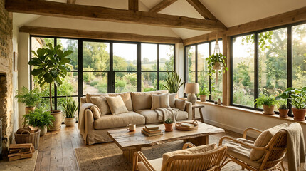 Fototapeta premium Cozy Rustic Living Room with Large Windows, Exposed Wooden Beams, and Lush Indoor Greenery