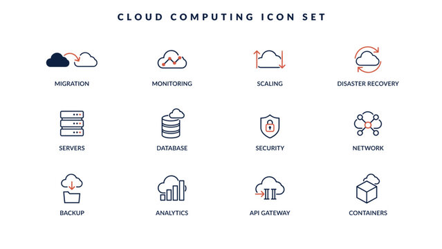 Cloud migration and disaster recovery icons &ndash; Great for IT backup services, server scalability solutions, or cloud security guides.