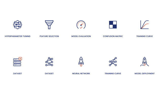 Machine learning hyperparameter and tuning icons &ndash; Ideal for AI developer guides, database tuning tools, or statistics platforms.
