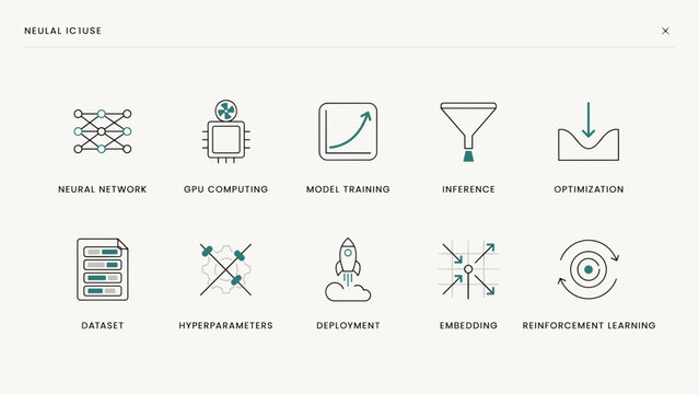 GPU computing and AI model training icons &ndash; Perfect for high-performance servers, data processing hubs, or tech documentation.